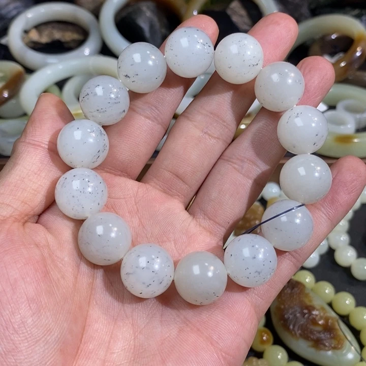 未镶嵌手链和田玉新疆和田黑山矿白玉点墨青花圆珠手串