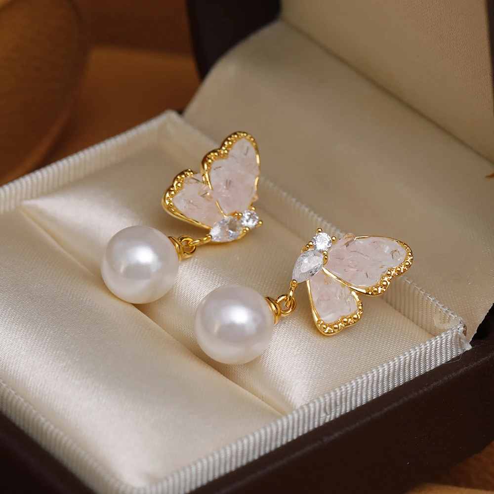 铜合金耳饰 《货号8982》水晶蝴蝶吊坠珠珠耳环