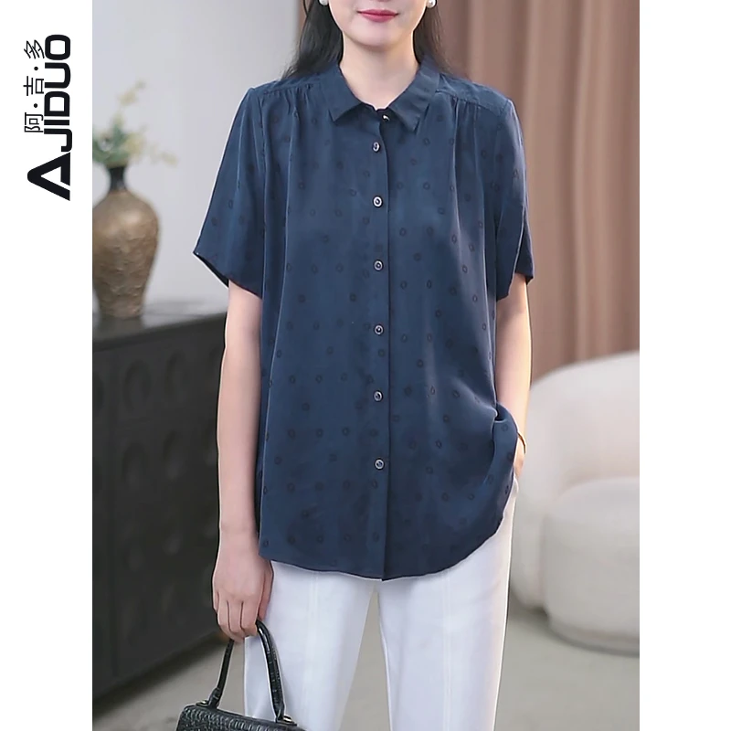 阿吉多A31916铜氨丝缎面印花衬衫夏款气质翻领短袖上衣polo衫女装