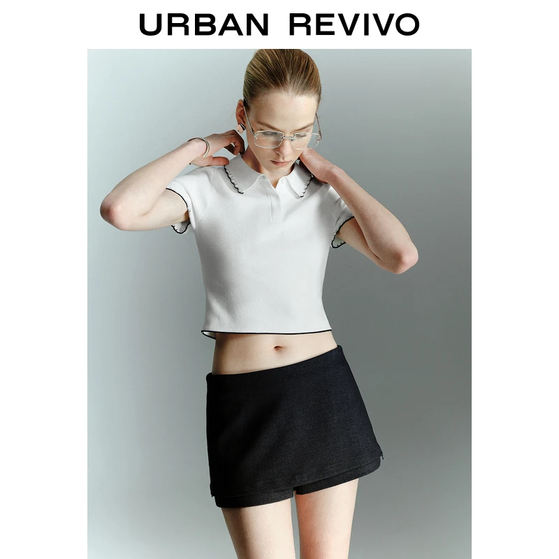 UR2025春季新款女装休闲撞色花边polo短袖针织衫UYU950079