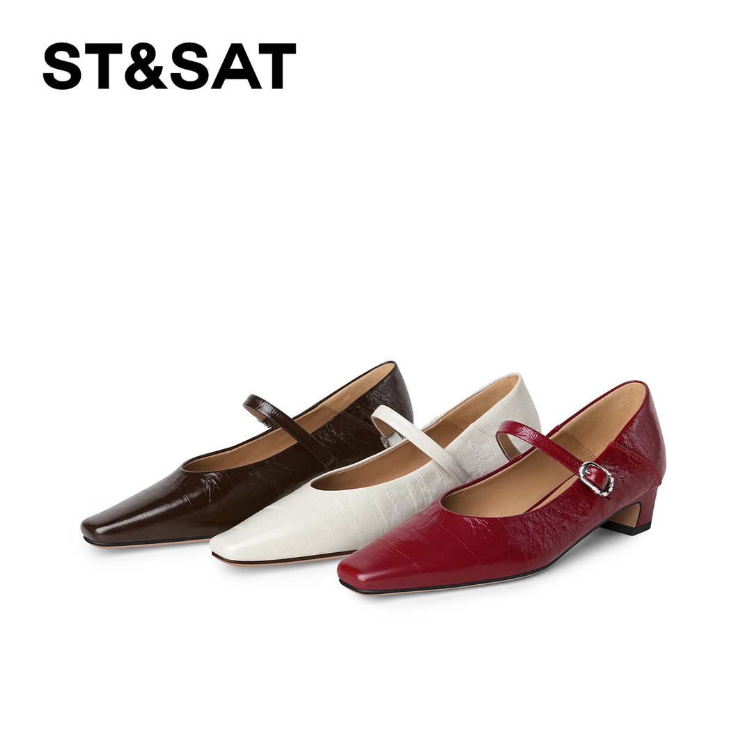 St&Sat/星期六气质方头中跟单鞋浅口百搭玛丽珍鞋复古一字扣女鞋