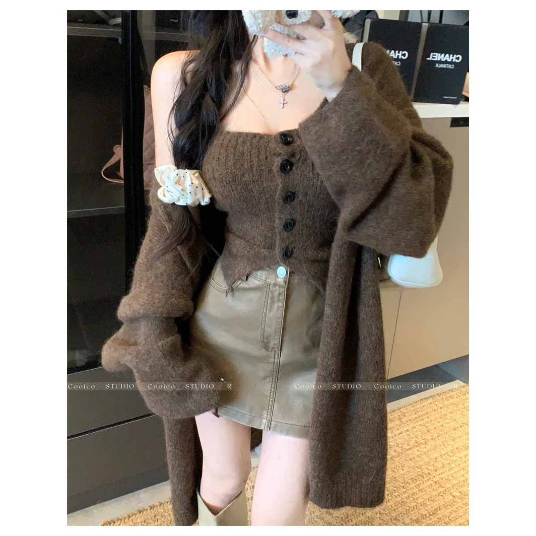 慵懒复古软糯长袖毛衣外套女秋季休闲套装针织抹胸背心上衣两件套