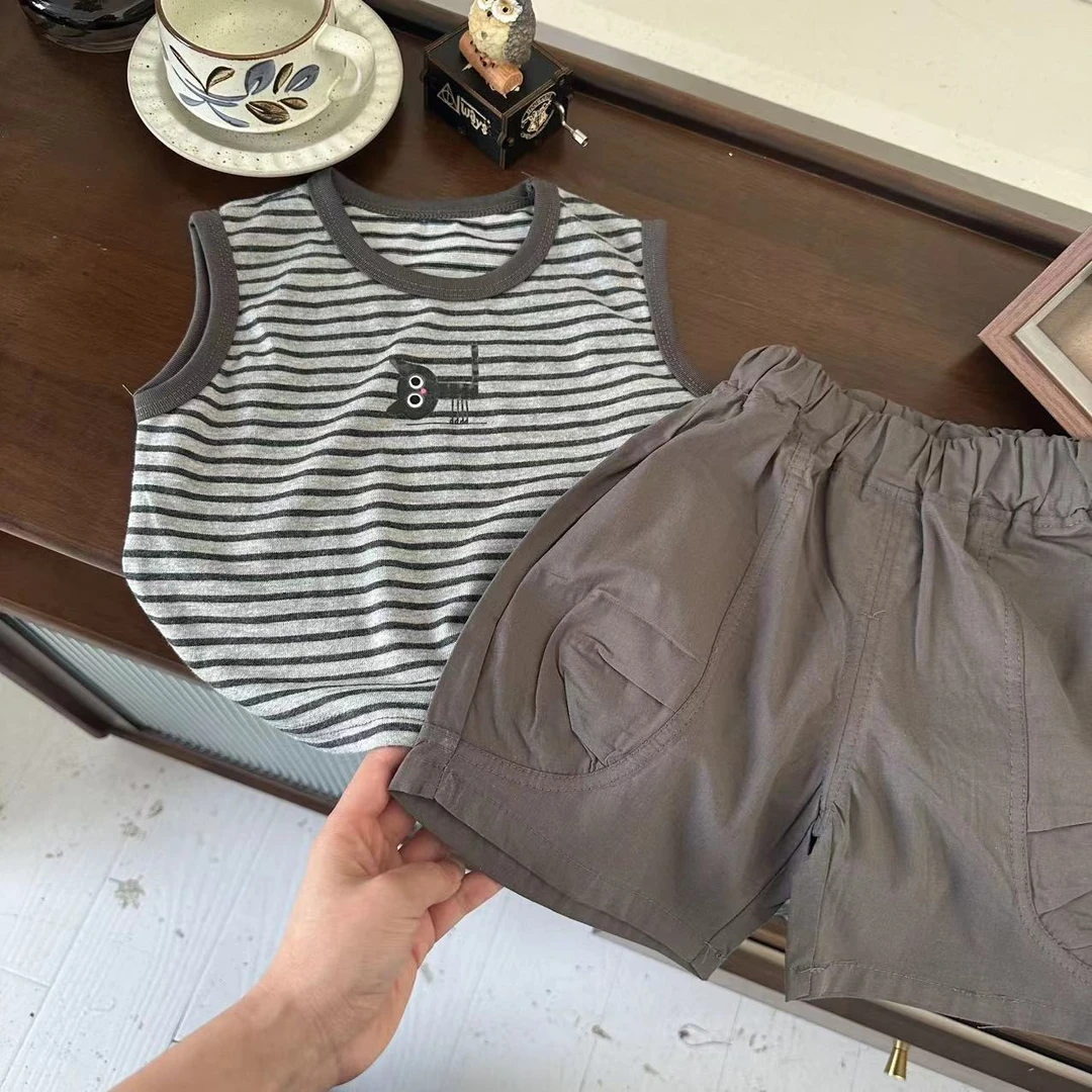 【现货】XYZ008男小童夏25新品小猫条纹背心纯棉短裤套装
