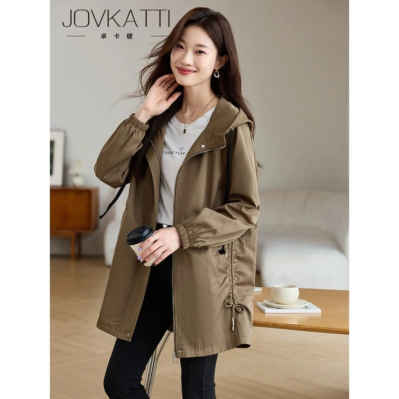 连帽工装风衣外套女中长款2025新款春秋宽松休闲时尚百搭夹克上衣