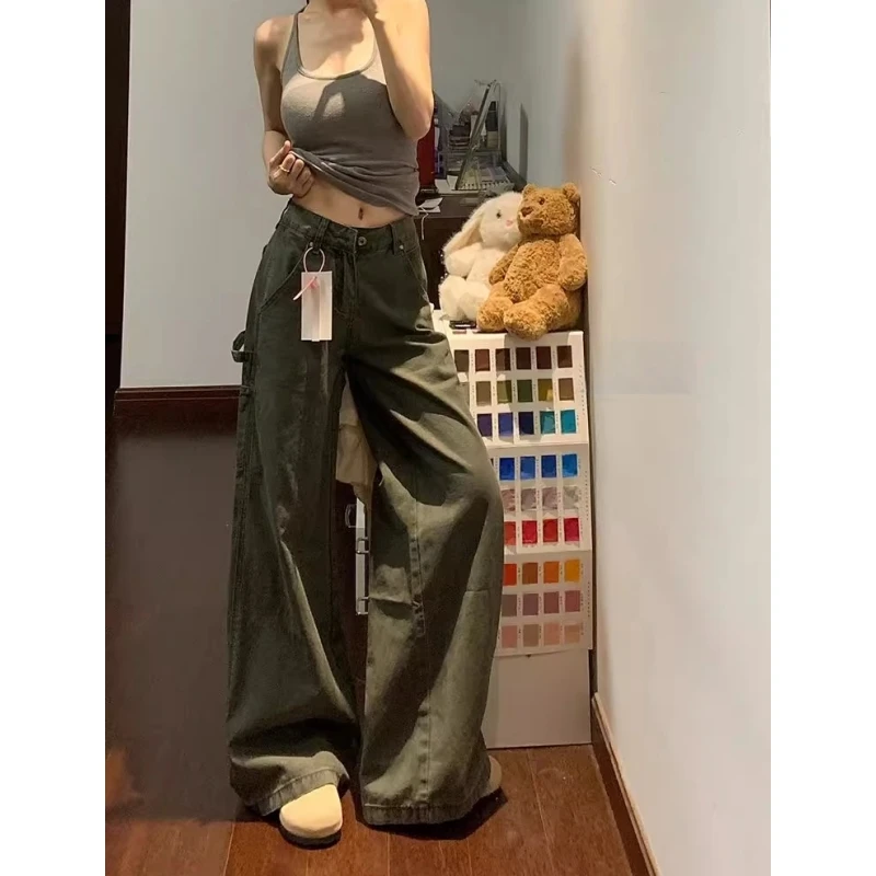 美式复古做旧弯刀军绿色牛仔裤女2025秋季薄款显瘦时尚直筒伐木裤