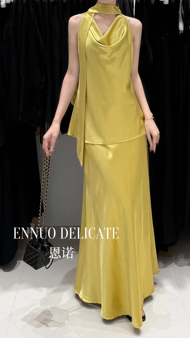 恩诺-福利（ZZEN2019#）气质荡领缎面~无袖飘带背心 6-16