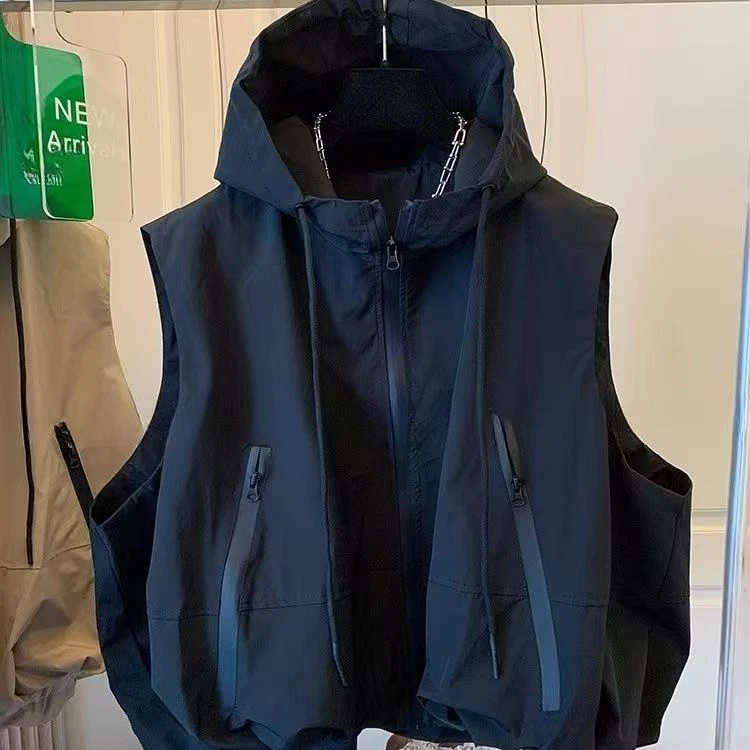 韩版欧式马甲女2025春夏新款时尚百搭连帽冲锋衣马夹休闲工装外套