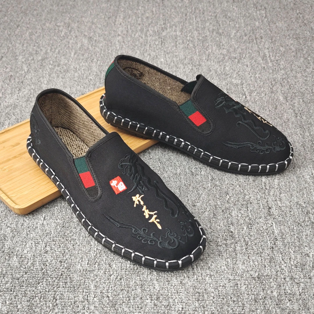 夏季透气老北京布鞋男款2025新款国风黑色柔软千层底一脚蹬懒人鞋