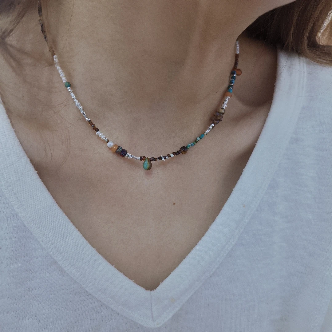 非金属珐琅项链 手工自留款原创小众饰品颈链简约链子蓝色珠串