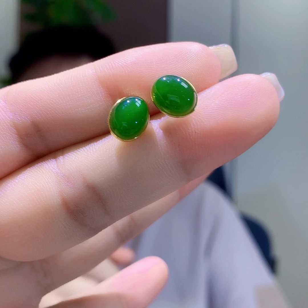和田玉（碧玉）银S925镀金镶嵌耳饰