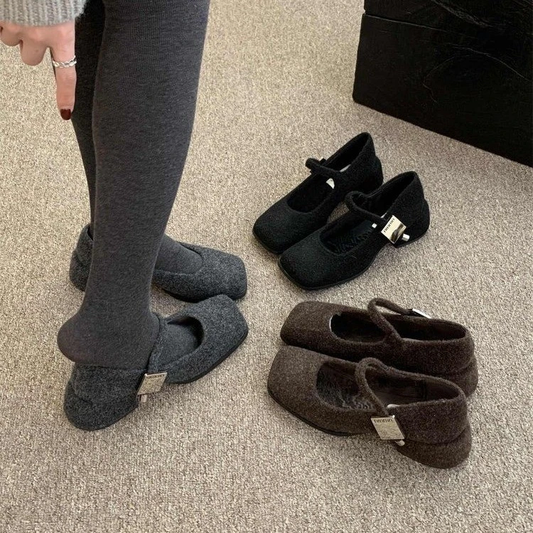 女鞋单鞋网红百搭加绒高跟平底秋冬春秋时尚黑色厚底防滑加厚韩版