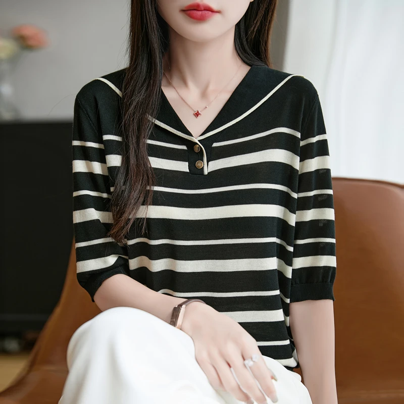 大码翻领针织衫女夏季薄款冰丝针织衫宽松遮肚子显瘦洋气条纹上衣