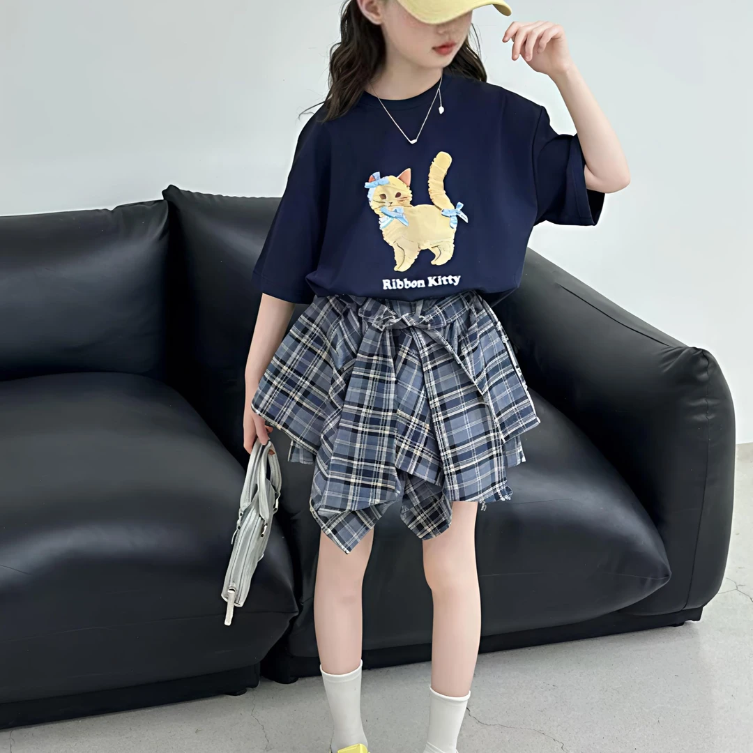YOMAI-夏季新款女童猫咪蝴蝶结宽松休闲短袖套装