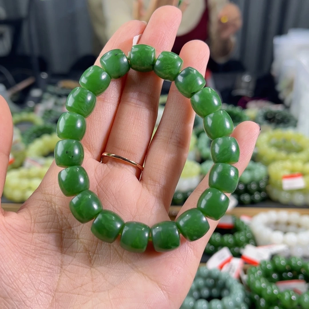 和田玉未镶嵌手链纯天然和田玉12mm俄料碧玉阳绿直切
