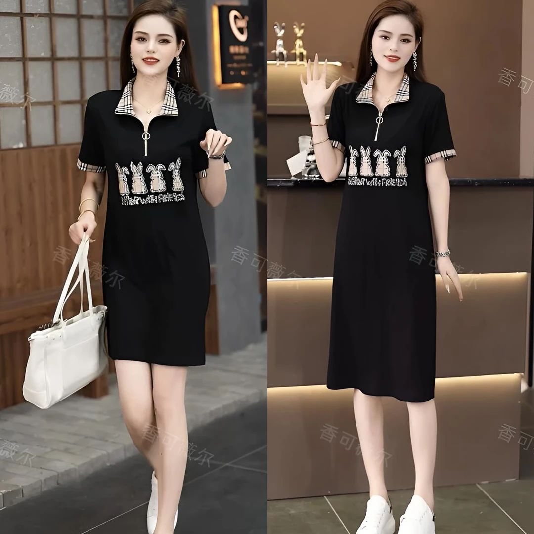 长款立领拉链中长裙常规洋气连衣裙宽松显瘦夏装夏季黑色减龄翻领