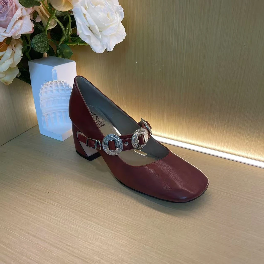 967【红蝴蝶】春季款小方头时尚高跟浅口纯手工牛皮单鞋C【5cm】百搭