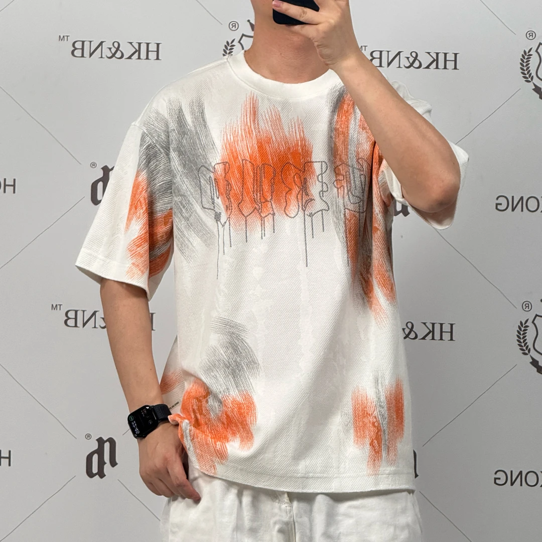 HK&NB x 艺术家系列 夏百搭休闲情侣潮流多彩手绘烫钻磨破短袖T恤