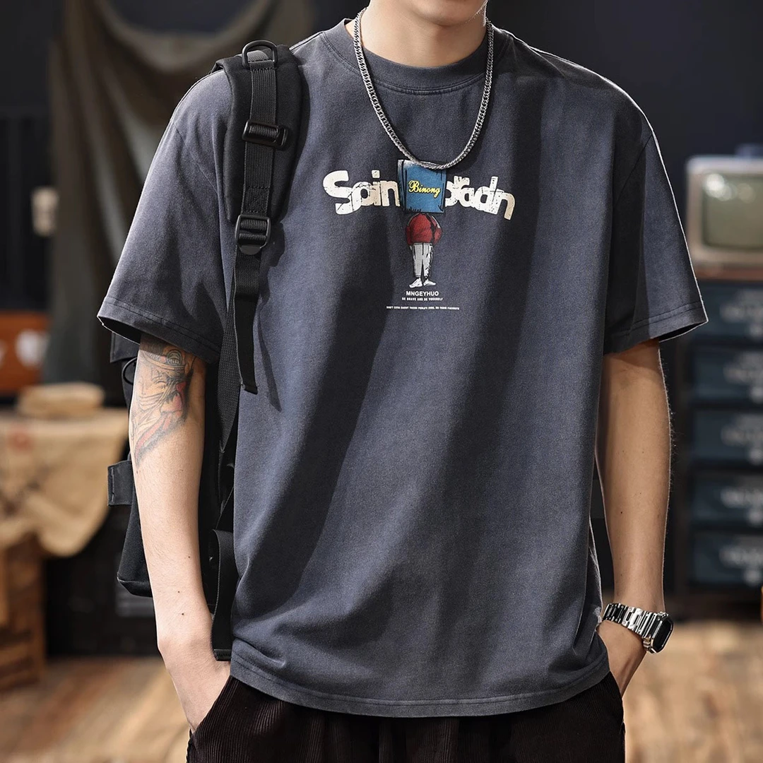 U&PURA重磅纯棉水洗复古趣味短袖t恤男士2025百搭舒适简约潮流T恤