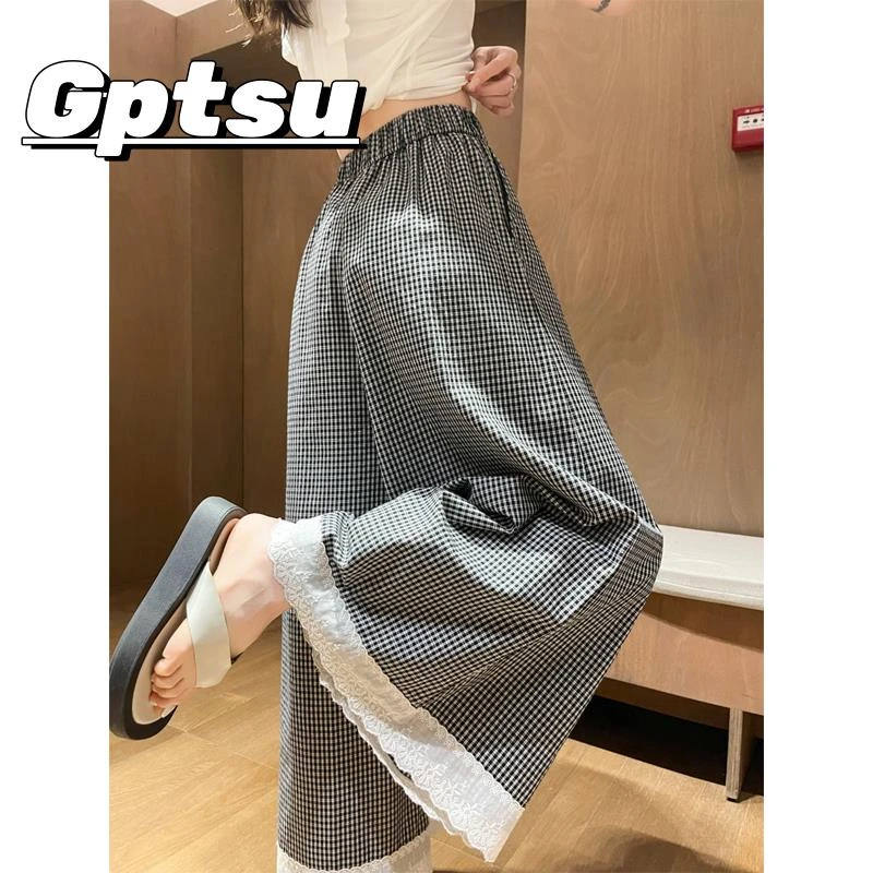 GPTSu日系蕾丝花边格子阔腿裤女夏季九分裙裤宽松直筒垂感长裤子