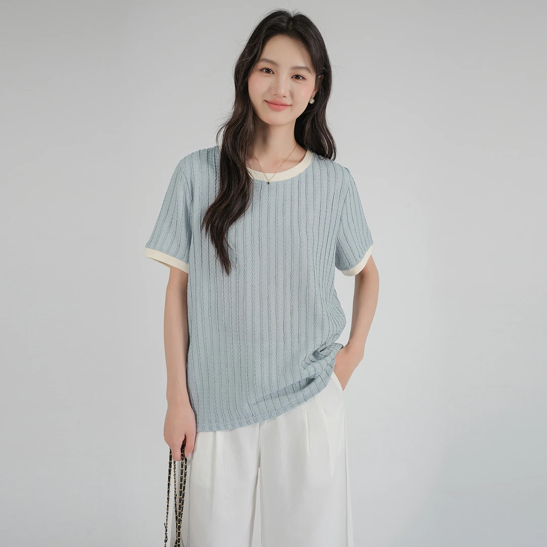 蓝若水大码女装夏新款扭扭条拼色圆领T恤胖MM清新减龄上衣87131