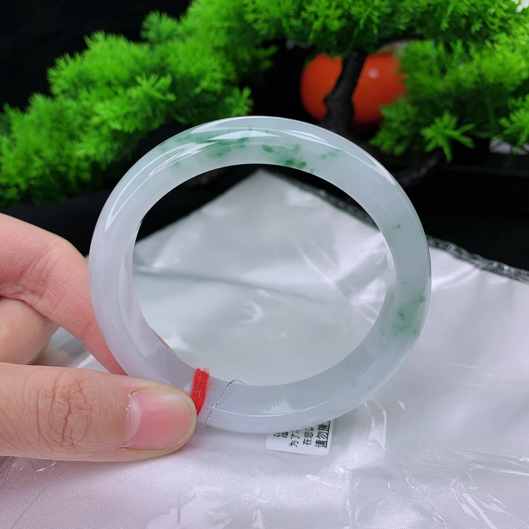 58圈口缅甸天然翡翠A货 老坑细糯种飘绿花宽边翡翠手镯女款808796