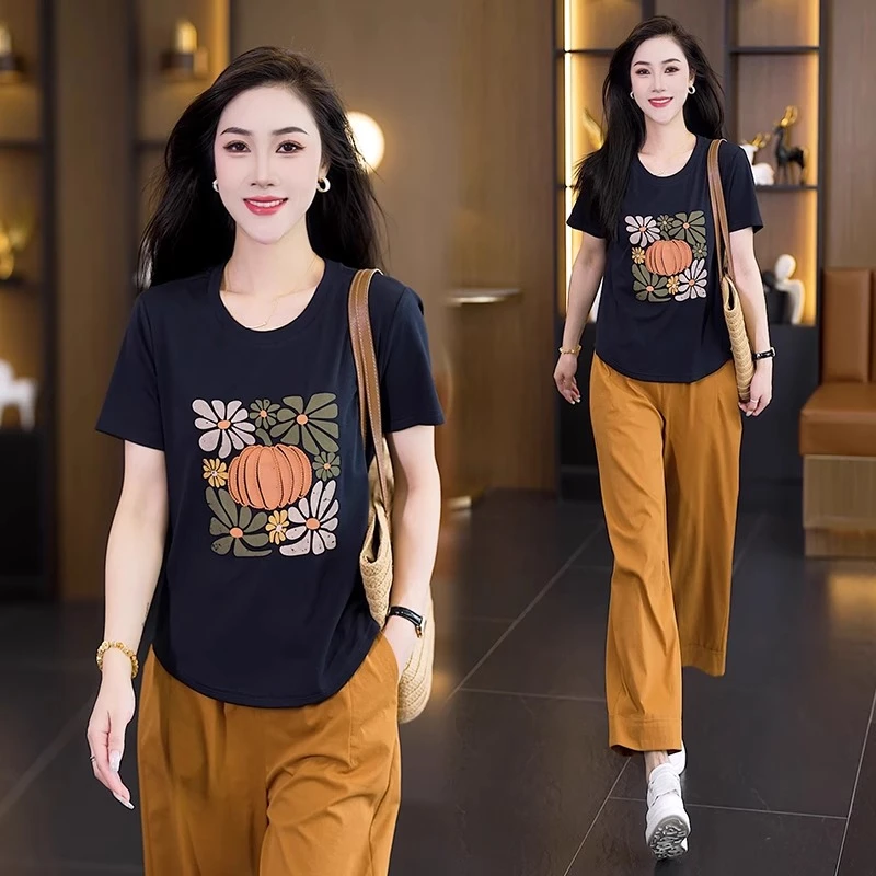 短袖T恤女2025夏季新款时尚百搭圆领宽松显瘦小衫氛围感减龄上衣