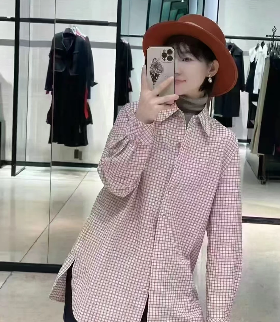 不退换-5300701 宽松衬衫春款女士格纹衬衣