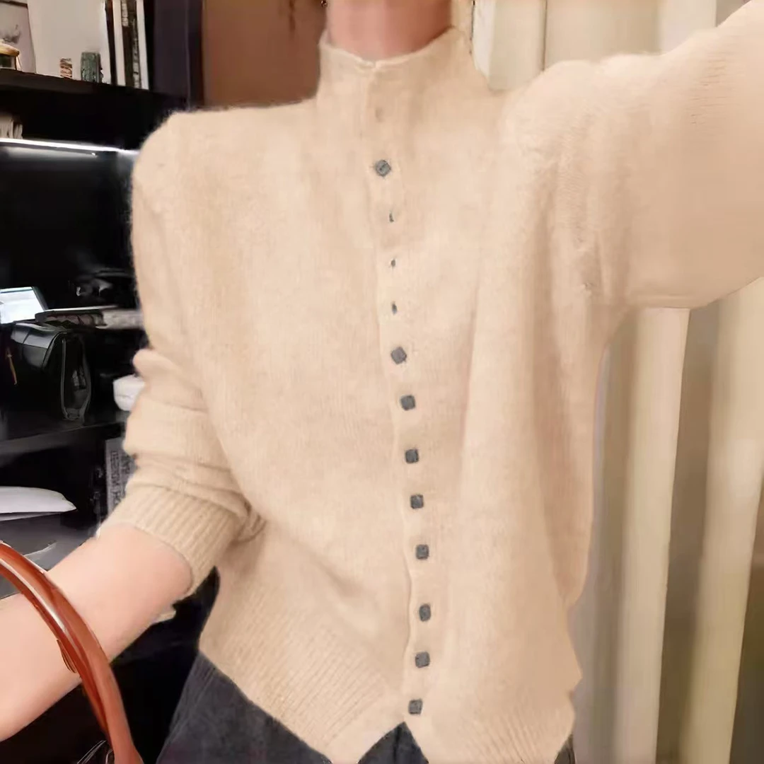 100%纯羊毛开衫加厚保暖纯色秋冬毛针织衫百搭时尚半高领长袖
