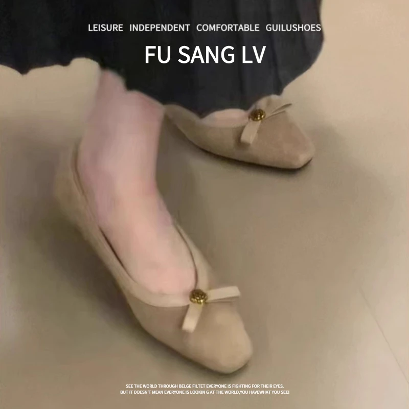 羊皮版~2025秋冬新款浅口方头绒面粗跟单鞋女百搭通勤软底不累脚