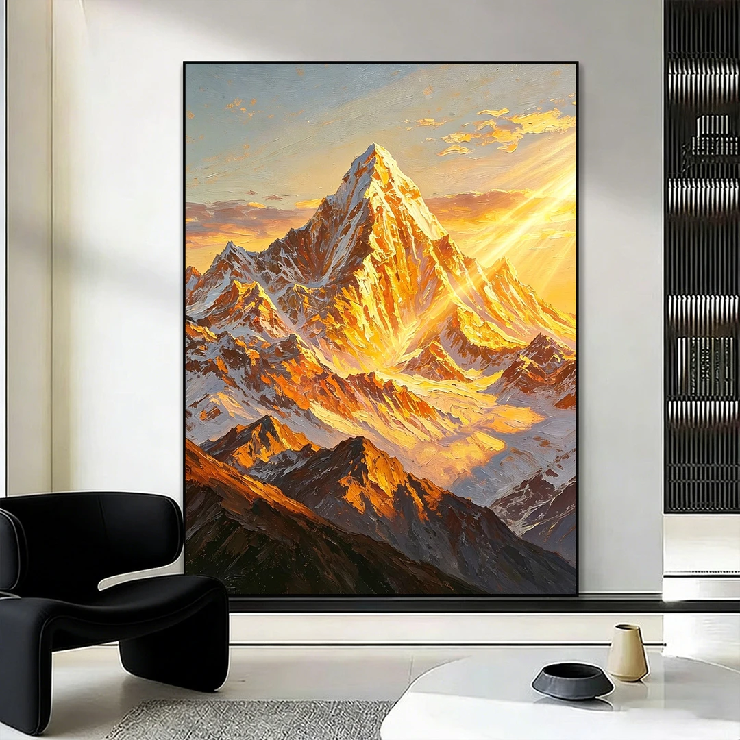 手绘油画《日照金山》玄关挂画中式客厅沙发背景墙装饰画肌理壁画