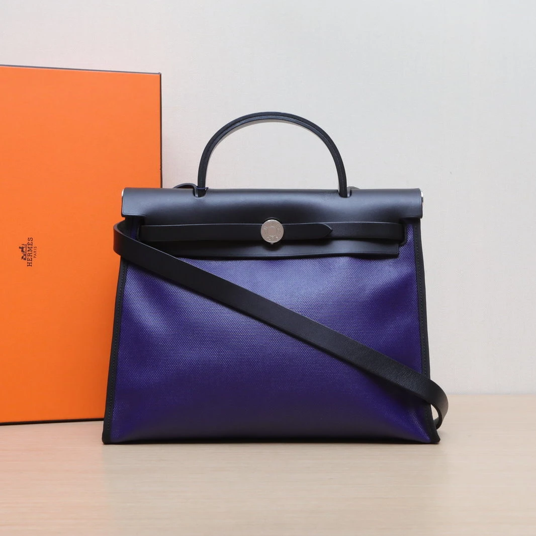 95新 Hermes/爱马仕 【双双】Herbag 31黑色水墨蓝 帆布/牛皮 D刻