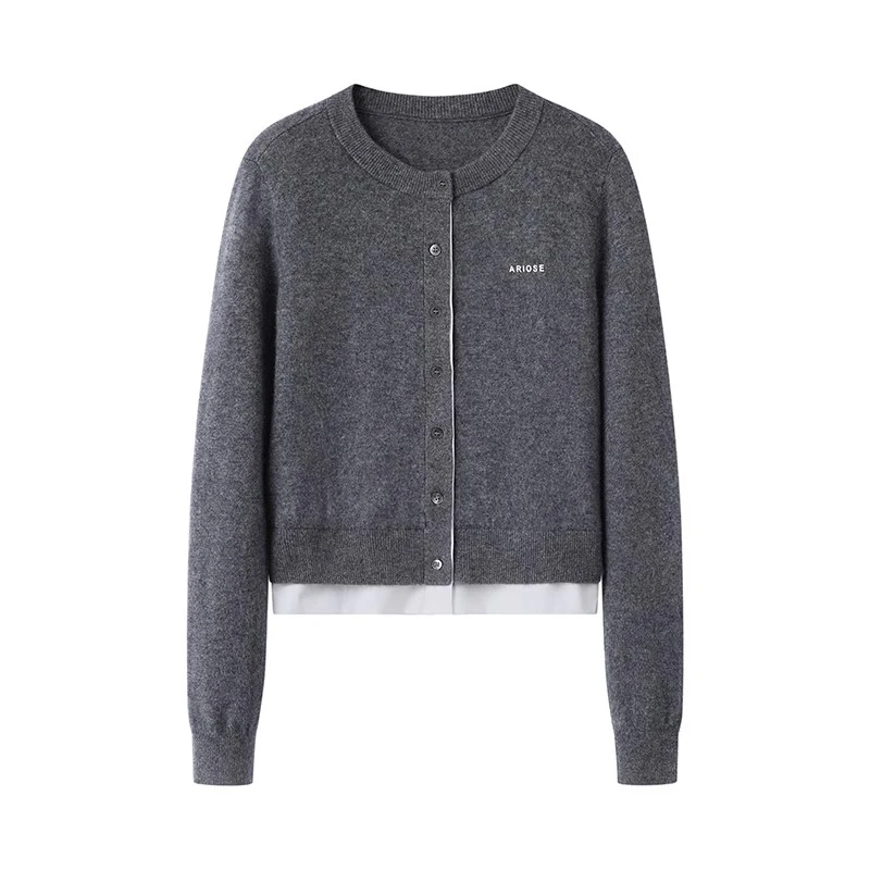 艾诺丝柜柜同款2025春新款百搭显瘦假两件针织开衫外套50128008