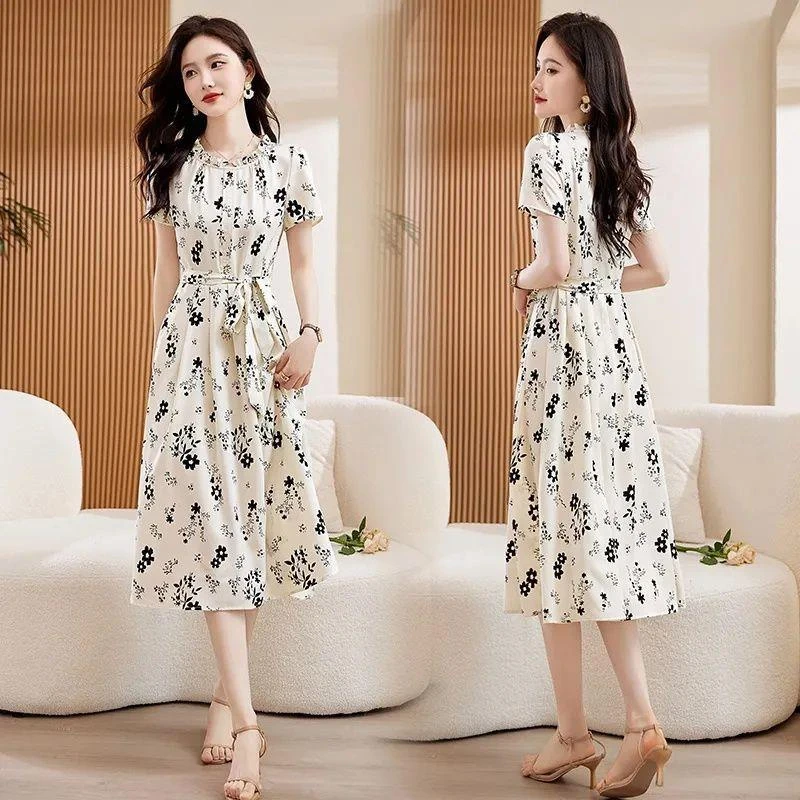 法式碎花连衣裙女士2025夏季新款高级感气质名媛收腰显瘦中长裙子