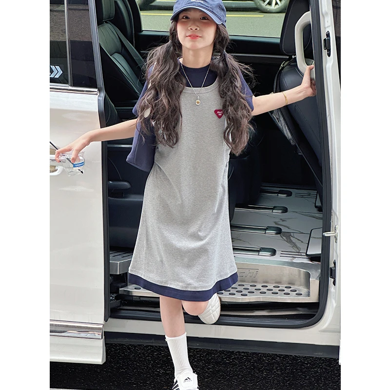 K29225假两件女童连衣裙2025新款夏装儿童短袖裙子运动洋气背心裙