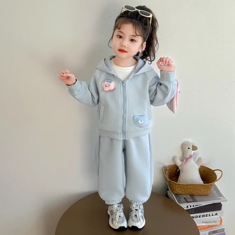 女童2025秋季时尚洋气儿童新款卡通立体毛绒玩偶外套休闲卫裤套装