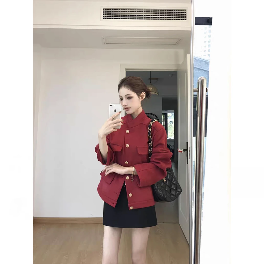 2025新款爆款韩系早秋衣服红色夹克立领休闲短款外套上衣女早秋季