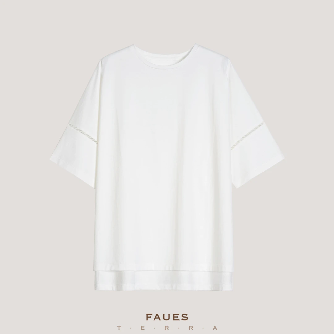 FAUES 直播福利 日本ENFÖLD订单高支丝光棉宽松对丝镂空拼接袖T恤