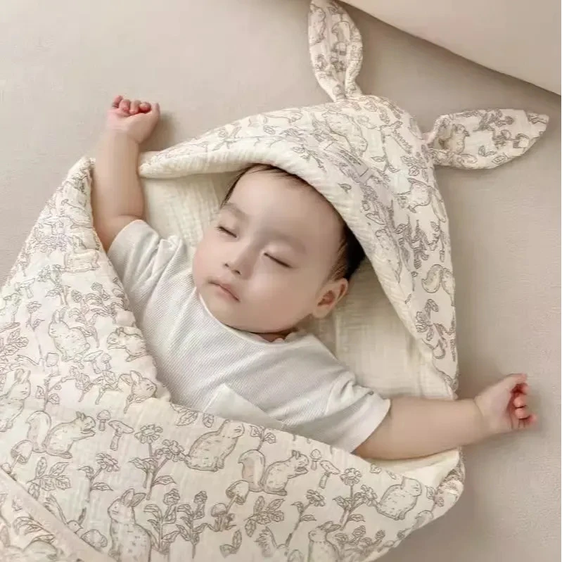 【纯棉包被】婴幼儿皱皱纱夹棉带帽防惊跳包被