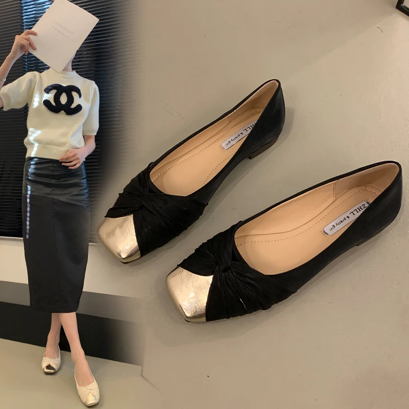 杏/黑双色百搭平底浅口通勤法式低跟瓢鞋宽脚胖脚大码女鞋气质