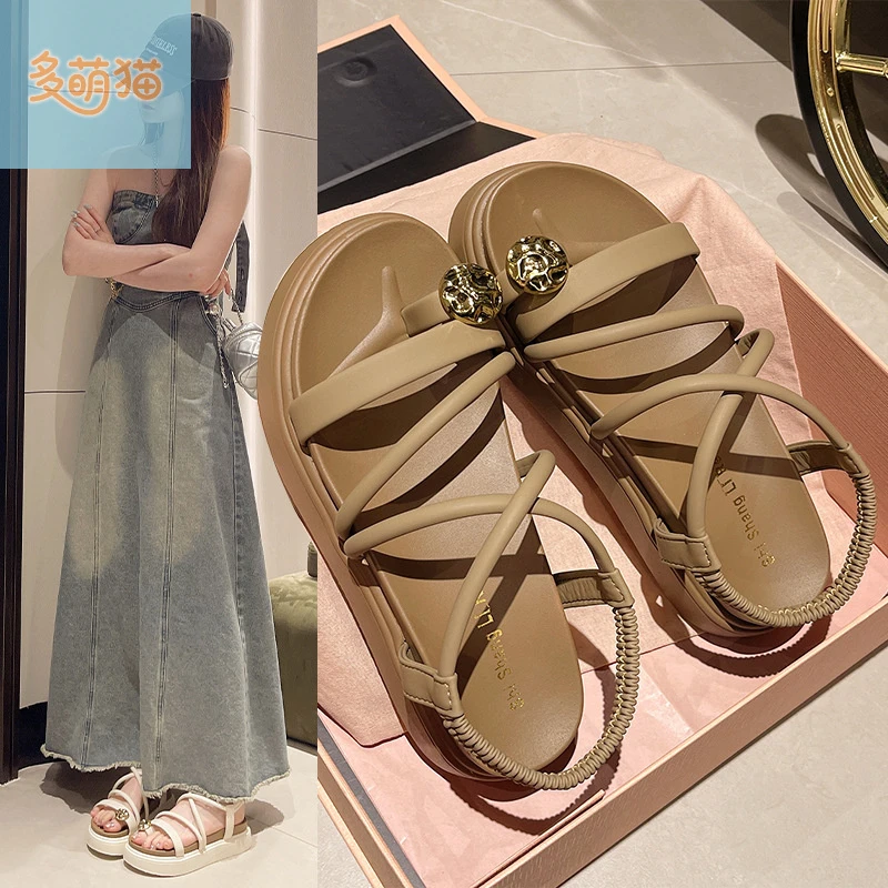 套趾一字带厚底凉鞋女新款夏季百搭增高休闲罗马鞋软底沙滩鞋