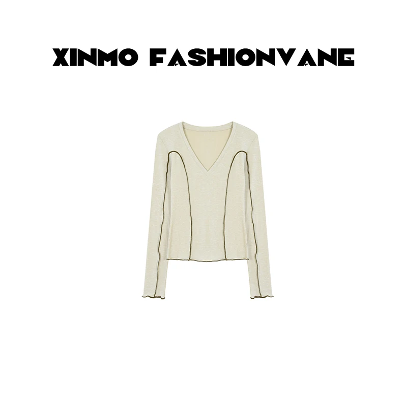 XINMO【街头时髦精】设计感鱼骨V领上衣修身显瘦长袖T恤C24122501