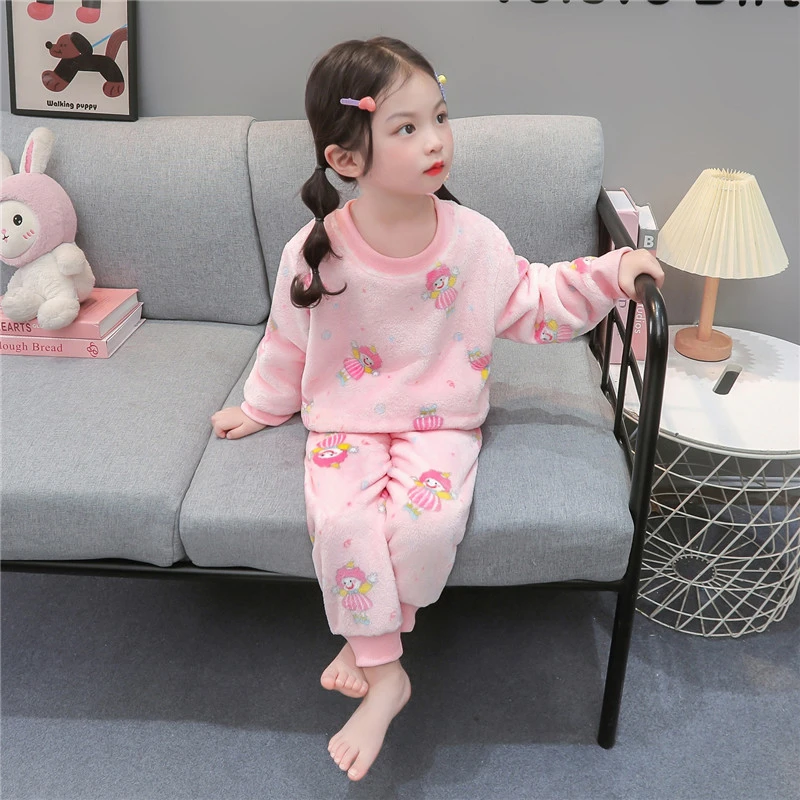 儿童珊瑚绒睡衣秋冬款加厚女孩宝宝法兰绒保暖套装女童卡通家居服