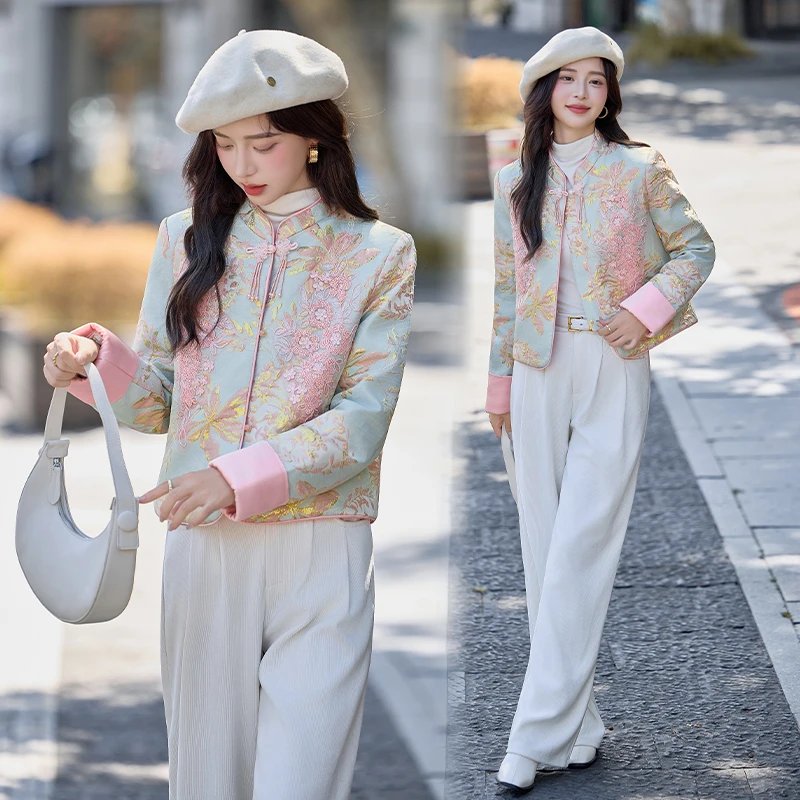 新中式国风刺绣提花羽绒服女2025年冬季新款小个子白鸭绒短款外套