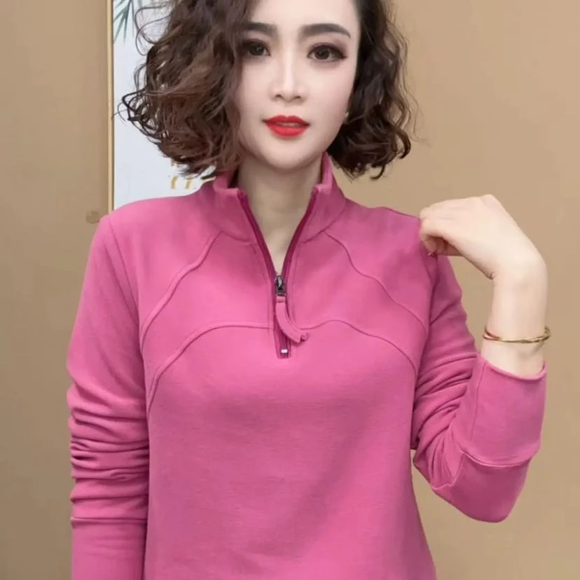 2024【半拉链】拼接纯色保暖卫衣时尚半高领防风袖加绒秋冬女士上衣