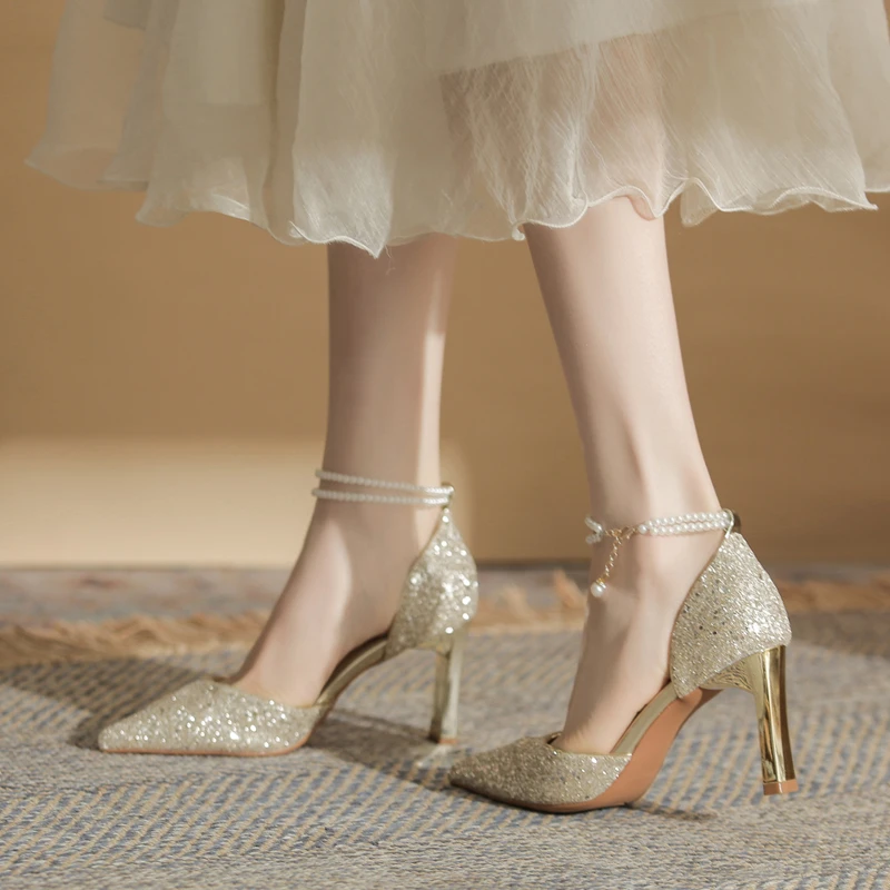 伴娘婚鞋夏季高跟单鞋女包头一字带粗跟高跟鞋仙女风时装凉鞋女