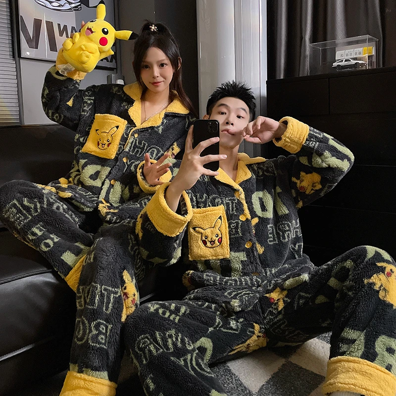 秋冬季珊瑚绒情侣睡衣秋冬款一男一女爆款加绒加厚保暖家居服套装