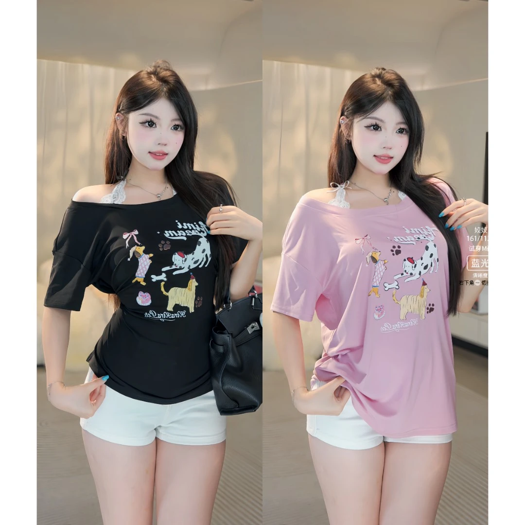 现货萌面侠辣姣【可爱小狗T】90莱赛尔~蕾丝挂脖印花微胖修身5512M