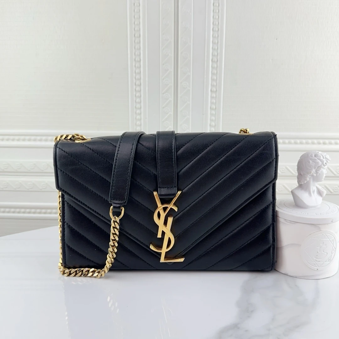 99新 YSL/圣罗兰 女士时尚经典 黑金牛皮 信封包 二奢包包