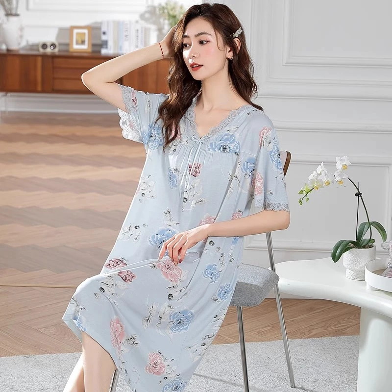 金黛儿睡裙女夏莫代尔棉短袖睡衣宽松中长款夏天薄款妈妈休闲裙子