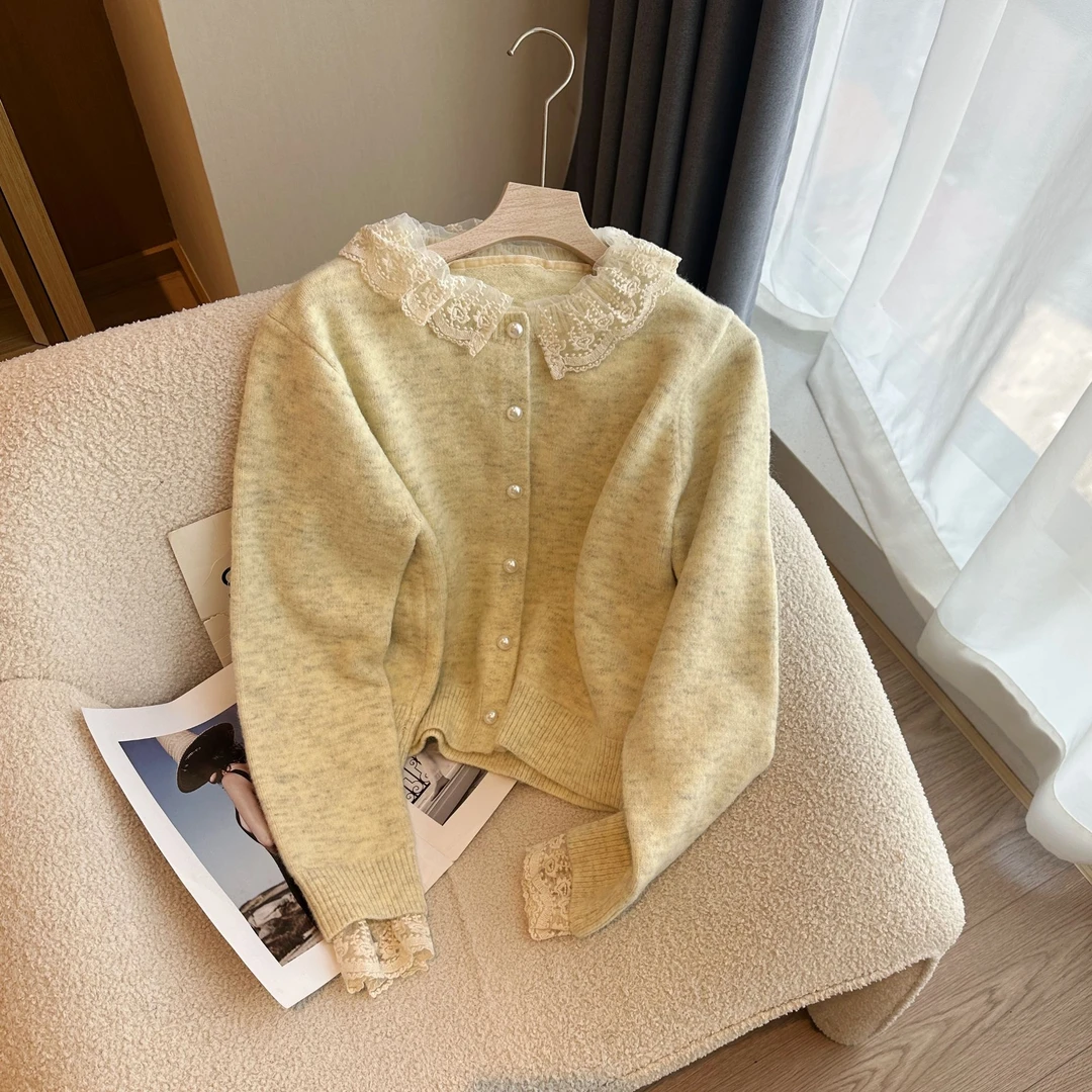 【婷婷推荐】51221蕾丝拼接软糯毛衣温柔花边开衫